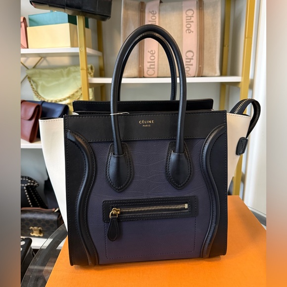 Celine Handbags - Celine Black, Purple, and White Satchel